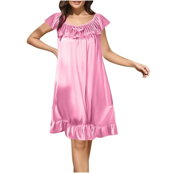 biudgviw Satin Silk Nightgown for Women Lace Trim Pleated Short Sleeve Sleepshirts Summer Breathable Bow Tie Pajama Dress