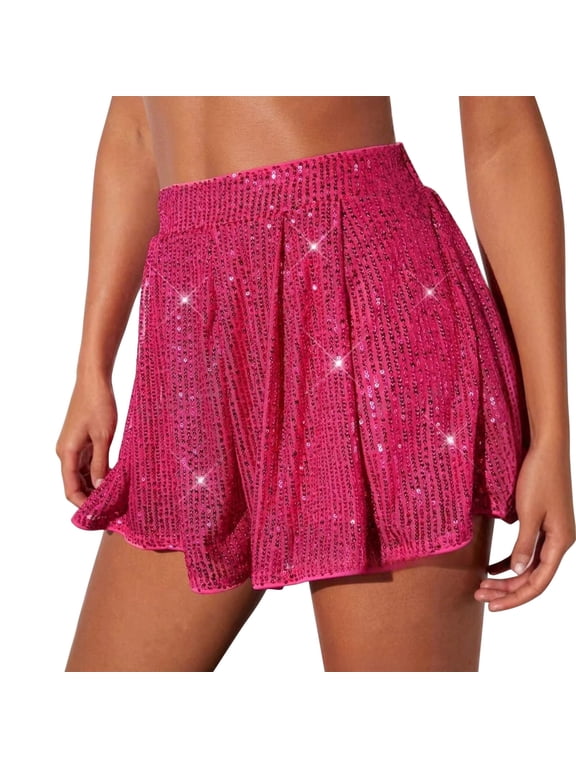Sequin Shorts for Women High Waisted Glitter Sparkly Skorts Summer Casual Mini Skirt with Shorts for Dance Party Club