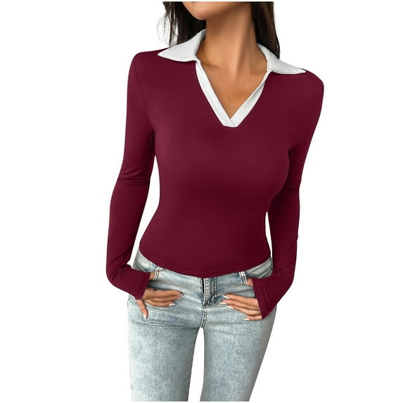 biudgviw Shirts for Women V Neck Turndown Collar Cute Tops Slim Fit Long Sleeve Business Casual Tunic Blouses Fall Clothes