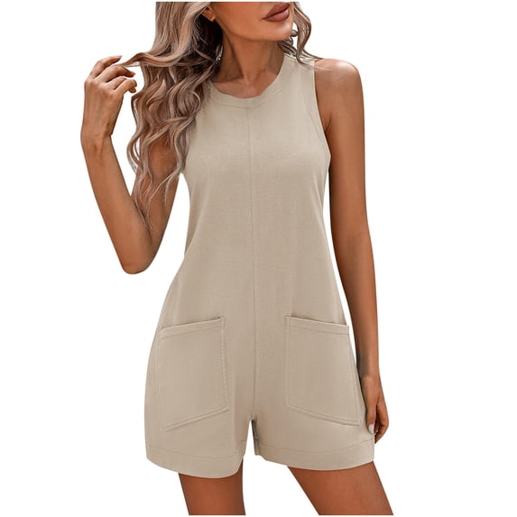 biudgviw Short Jumpsuits for Women Crew Neck Sleeveless Tank Rompers Summer Backless Business Work Dressy Outfits with Pocket