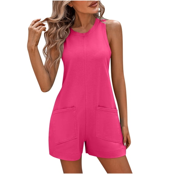 biudgviw Short Jumpsuits for Women Crew Neck Sleeveless Tank Rompers Summer Backless Business Work Dressy Outfits with Pocket