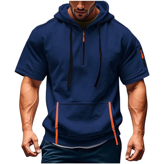 biudgviw Short Sleeve Hoodies for Men Casual Quarter Zip Pullover Drawstring Casual Hooded Sweatshirt for Workout Athletic with Pockets
