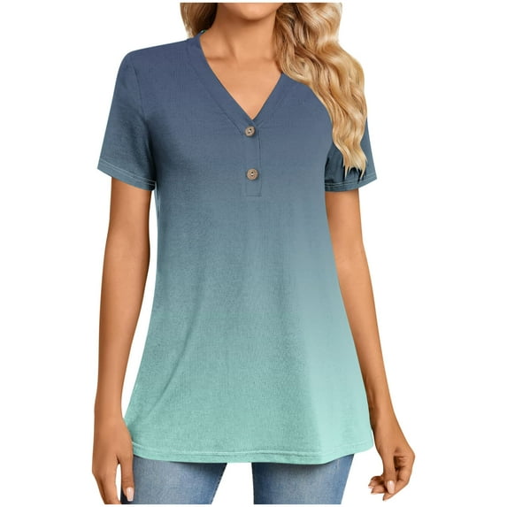 biudgviw Short Sleeve Shirts for Women Gradient Print V Neck Button T-Shirt Summer Casual Loose Fit Blouse Fashion Clothing