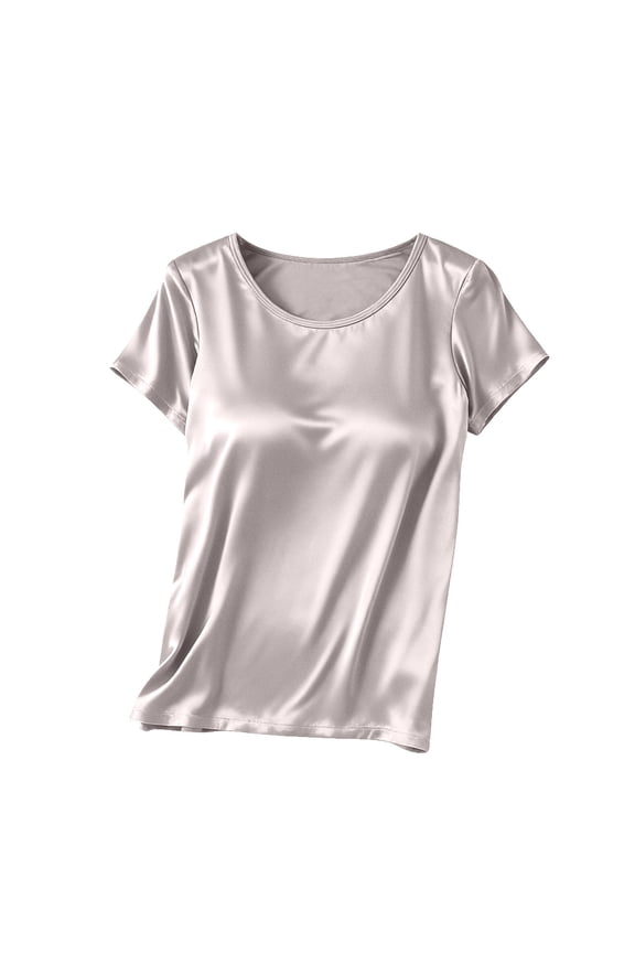 Short Sleeve Tops for Women Dressy Casual Silk Satin Blouse with Built in Bras Fashion Loose Crewneck T-Shirt