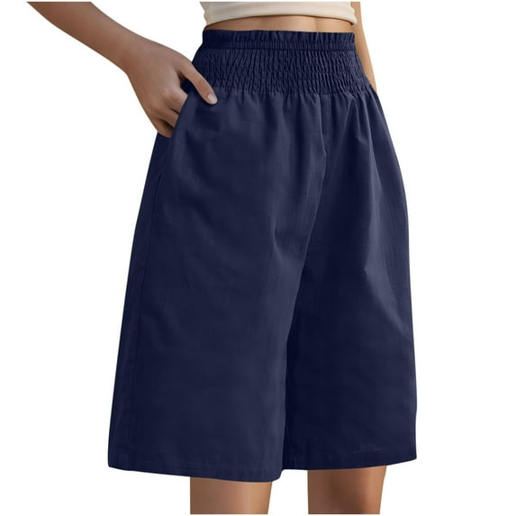 biudgviw Shorts for Women Cotton Linen Smocked High waist Baggy Knee Length Shorts Plus Size Wide Leg Casual Shorts with Pocket