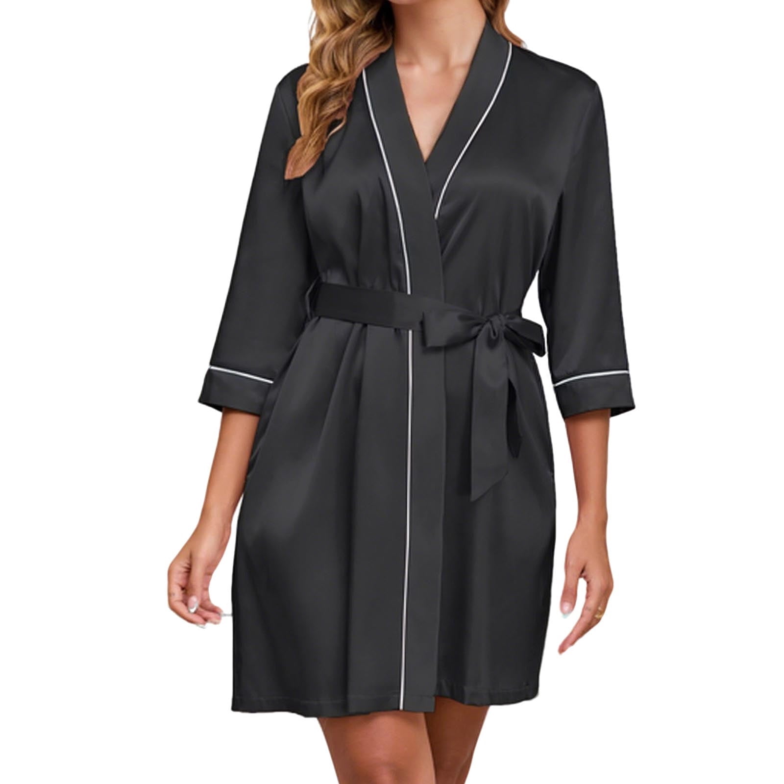 biudgviw Silk Robes for Women 3/4 Sleeve Short Satin Bathrobe ...