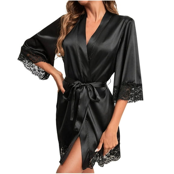 biudgviw Silk Robes for Women Lace Trim Satin Bathrobe Loose Casual Belted Housecoats Lightweight Soft Loungewear S-XL