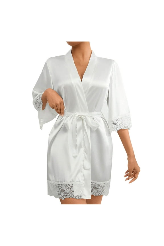 Silk Robes for Women Lace Trim Satin Bathrobe Loose Casual Belted Housecoats Lightweight Soft Loungewear S-XL