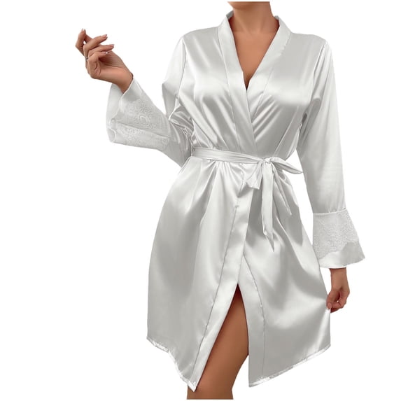 biudgviw Silk Robes for Women Long Sleeve Lace Sleepwear Lightweight Satin Bathrobe Casual Soft Belted Housecoats S-XL