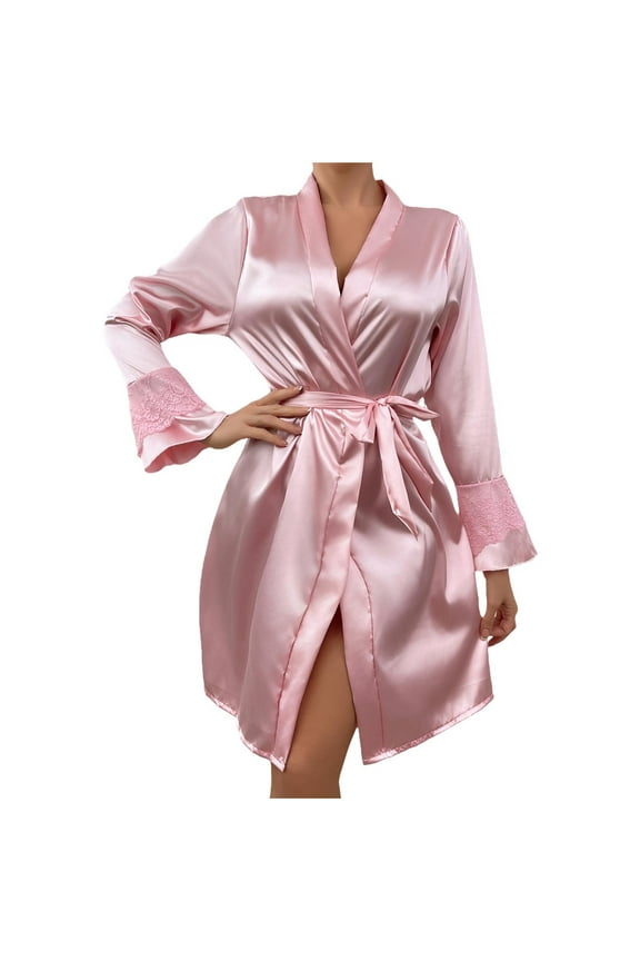 Silk Robes for Women Long Sleeve Lace Sleepwear Lightweight Satin Bathrobe Casual Soft Belted Housecoats S-XL
