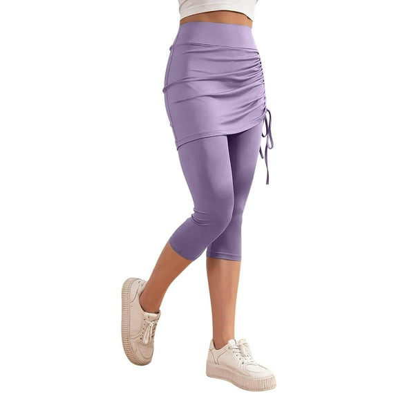 biudgviw Skirted Leggings for Women High Waisted Side Drawstring Yoga Pants with Skirts Stretch Beach Vacation Capris Tennis Skorts