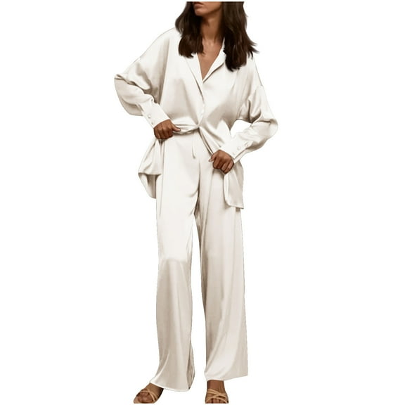 biudgviw Sleep Sets for Women Comfy Straight Leg Long Pants Soft Long Sleeve Buttons down Blouses Pajama Sets Lounge Sleepwear