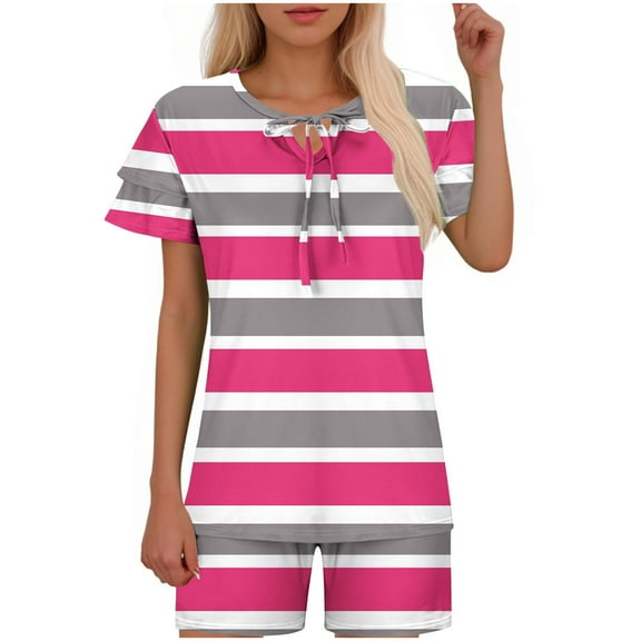 biudgviw Sleep Sets for Women Fashion Printed Short Sleeve Crewneck Tunic Tops Baggy Shorts 2 Piece Pajama Sets Sleepwear