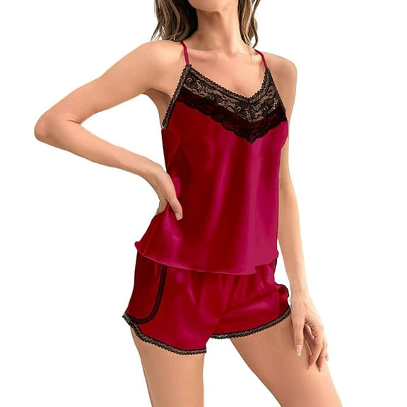 biudgviw Sleep Sets for Women Silk Sleepwear Sleeveless Fashion Lace Camisole Lounge Soft Shorts 2 Piece Pajama Sets