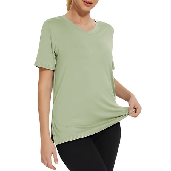 biudgviw Soft Workout Tops for Women V Neck Short Sleeve Athletic Shirts Side Split Casual Loose Fit Gym Running Tee for Summer