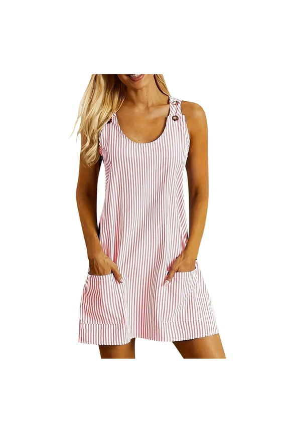 Summer Dresses for Women Sleeveless Striped Tank Dress Casual Soft Round Neck Button Mini Dress with Pockets