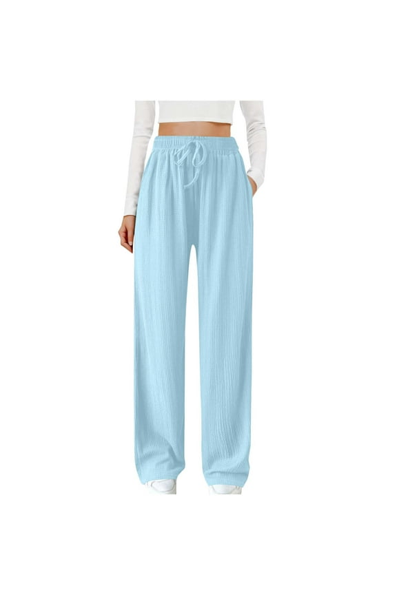 Summer Pants for Women Drawstring Waisted Knit Athletic Workout Pants with Pockets Comfortable Wide Leg Long Pants Trousers