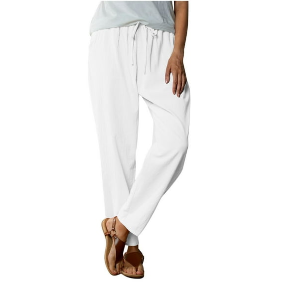biudgviw Summer Pants for Women High Waisted Cotton Linen Pants with Pockets Baggy Trousers Lounge Travel Vacation Outfits
