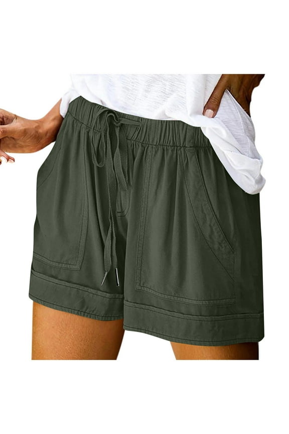 Summer Shorts for Women Drawstring High Waisted Plus Size Casual Shorts Solid Color Comfy Boho Linen Shorts with Pockets