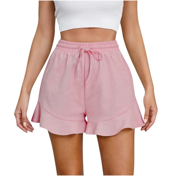 biudgviw Summer Shorts for Women Ruffle Hem High Waisted Drawstring Boho Shorts Solid Color Loose Fit Lounge Bottoms with Pockets