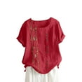 thumbnail image 1 of biudgviw Summer Tops for Women Cotton Linen Crew Neck Button Printed Shirts Short Sleeve Rolled Hem Tee Plus Size Clothes, 1 of 3