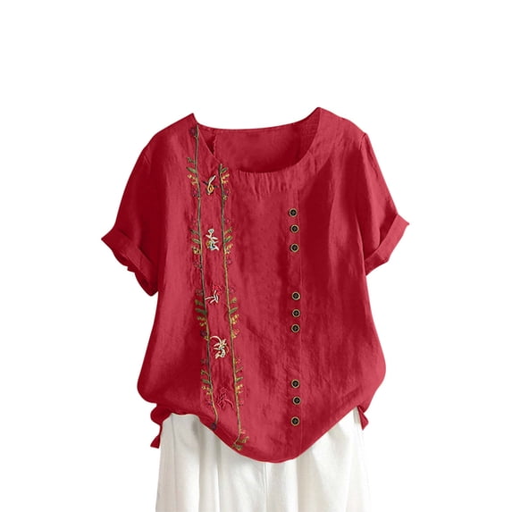 biudgviw Summer Tops for Women Cotton Linen Crew Neck Button Printed Shirts Short Sleeve Rolled Hem Tee Plus Size Clothes