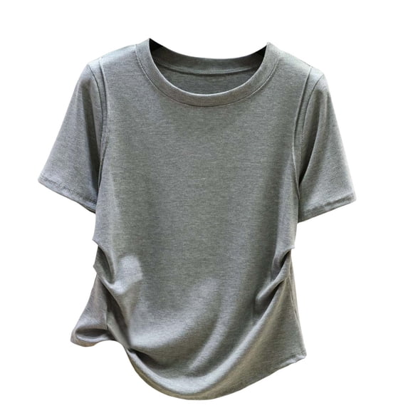 biudgviw Summer Tops for Women Ribbed Short Sleeve Crew Neck T Shirt Lightweight Casual Pleated Basic Tees Spring Outfits