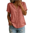 thumbnail image 1 of biudgviw Summer Tops for Women Short Sleeve Henley Shirts Cotton Linen Casual V Neck T-Shirt with Buttons Beach Vacation Clothes, 1 of 6