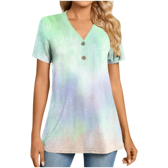 biudgviw Summer Tops for Women Tie Dye Short Sleeve Shirts Casual V Neck Button Blouse Loose Fit Tees Fashion Clothing