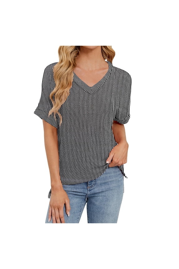 Summer Tops for Women V Neck T Shirt Textured Short Sleeve Casual Blouse Side Split Knit Pullover Fashion Clothing