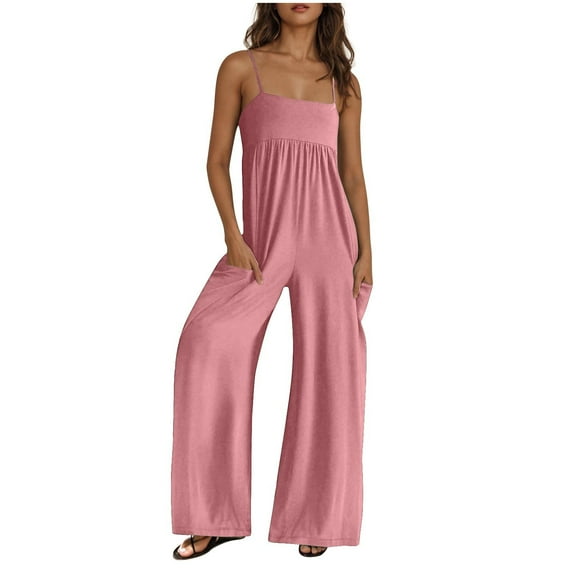 biudgviw Summer Wide Leg Jumpsuits for Women Spaghetti Strap One Piece Baggy Long Rompers Trendy One Piece Beach Vacation Outfits