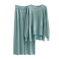 biudgviw Sweater Sets for Women Fashion Round Neck Loose Long Sleeve Pullover Tops Casual Fall Wide Leg Pants 2 Piece Outfits