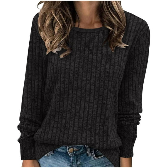 biudgviw Sweater for Women Crew Neck Ribbed Casual Pullover Shirts Long Sleeve Loose Fit Lightweight Fall Clothings Blouses