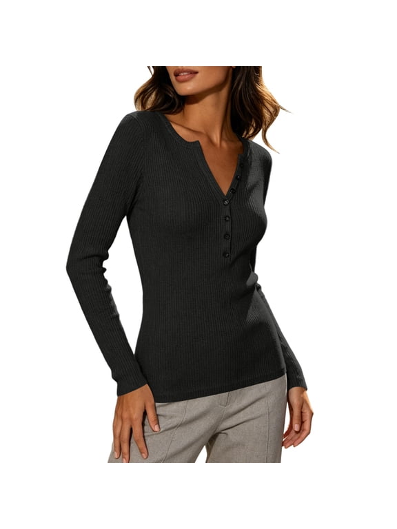 Sweaters for Women Ribbed Knit Long Sleeve Shirts Comfortable Casual Button V Neck Tops Soft Base Layer Undershirts