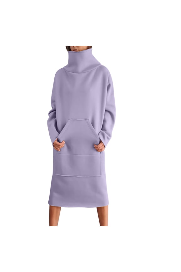 Sweatshirt Dresses for Women Comfy Fleece Long Sleeve High Neck Midi Dress Winter Warm Plus Size Dress with Pockets