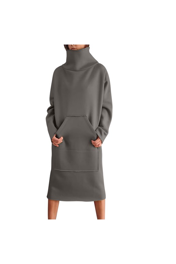 Sweatshirt Dresses for Women Comfy Fleece Long Sleeve High Neck Midi Dress Winter Warm Plus Size Dress with Pockets