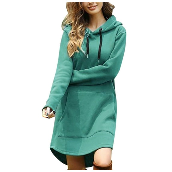 biudgviw Sweatshirt Dresses for Women Soft Long Sleeve Solid Color Hoodies Dress Fall Loose Pocketed Oversized Mini Dress