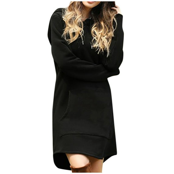 biudgviw Sweatshirt Dresses for Women Soft Long Sleeve Solid Color Hoodies Dress Fall Loose Pocketed Oversized Mini Dress