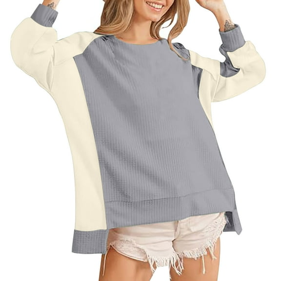 biudgviw Sweatshirt for Women Casual Loose Long Sleeve Round Neck Oversized Tops Color Block Fall Fashion Clothes