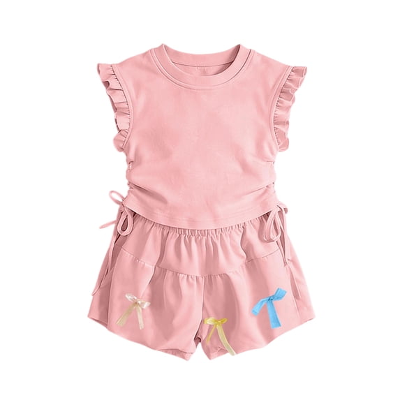 biudgviw Toddler Girl Clothes Kids Ruffle Sleeveless Tops and Bow Trim Shorts Set with Side Drawstring Cute Two Piece Outfits