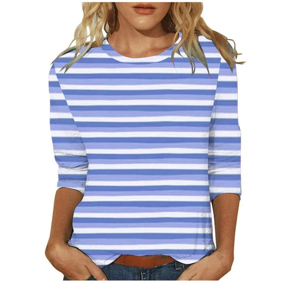 biudgviw Tops for Women Crew Neck 3/4 Sleeve Striped Casual T Shirts Loose Fit Lightweight Tee Beach Vacation Fall Clothes