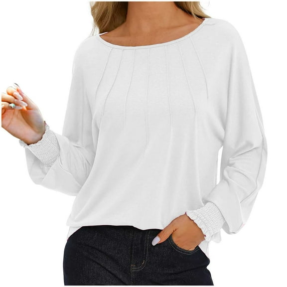 biudgviw Tops for Women Crewneck Lantern Long Sleeve Casual T Shirts Smocked Cuffs Loose Fit Trendy Fall Clothes