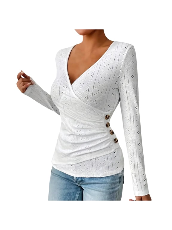 Tops for Women Deep V Neck Long Sleeve Cute Shirts Slim Fit Boho Going out Tee Beach Vacation Night out Clothes
