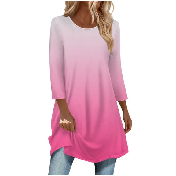 biudgviw Tops for Women Trendy Crew Neck 3/4 Sleeve Pullover Shirts Casual Loose Gradient Blouses Fall Comfy Outfits