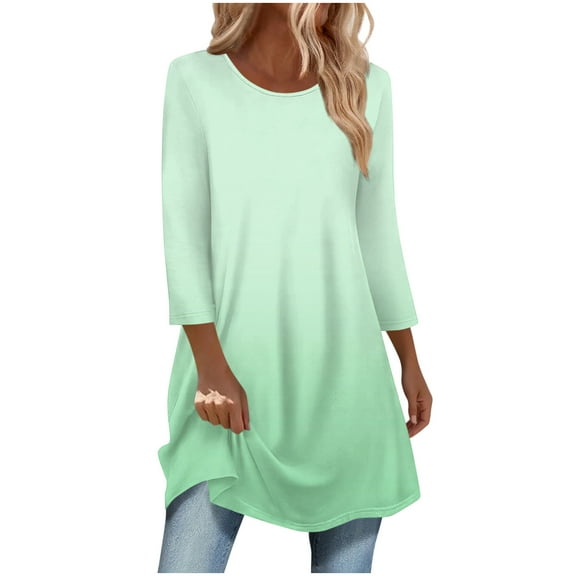 biudgviw Tops for Women Trendy Crew Neck 3/4 Sleeve Pullover Shirts Casual Loose Gradient Blouses Fall Comfy Outfits