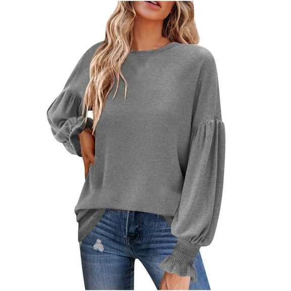 biudgviw Trendy Tops for Women Lantern Sleeve Somcked Ruffle Cuffs Casual Shirts Crew Neck Loose Fit Lightwight Fall Blouses