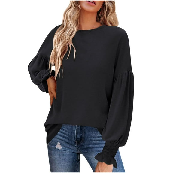 biudgviw Trendy Tops for Women Lantern Sleeve Somcked Ruffle Cuffs Casual Shirts Crew Neck Loose Fit Lightwight Fall Blouses