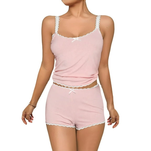 biudgviw Two Piece Sets for Women Summer Lace Trim Sleeveless Sleepwear Lightweight Soft Bow Tie Crop Tops and Shorts Pj Sets
