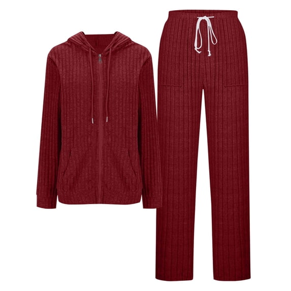biudgviw Two Piece Sets for Women Zip Up Hoodies Lounge Set Comfy Drawstring Long Sleeve Ribbed Knit Tops and Pants Sets with Pockets