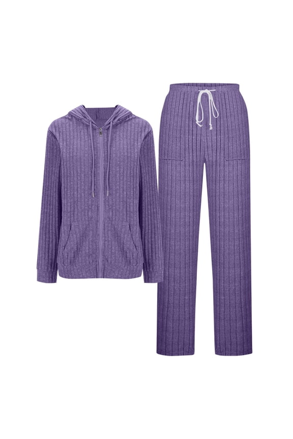 Two Piece Sets for Women Zip Up Hoodies Lounge Set Comfy Drawstring Long Sleeve Ribbed Knit Tops and Pants Sets with Pockets